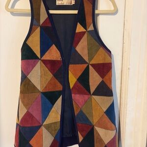 Vintage Patchwork Suede Vest in Multicolor Geometric Design